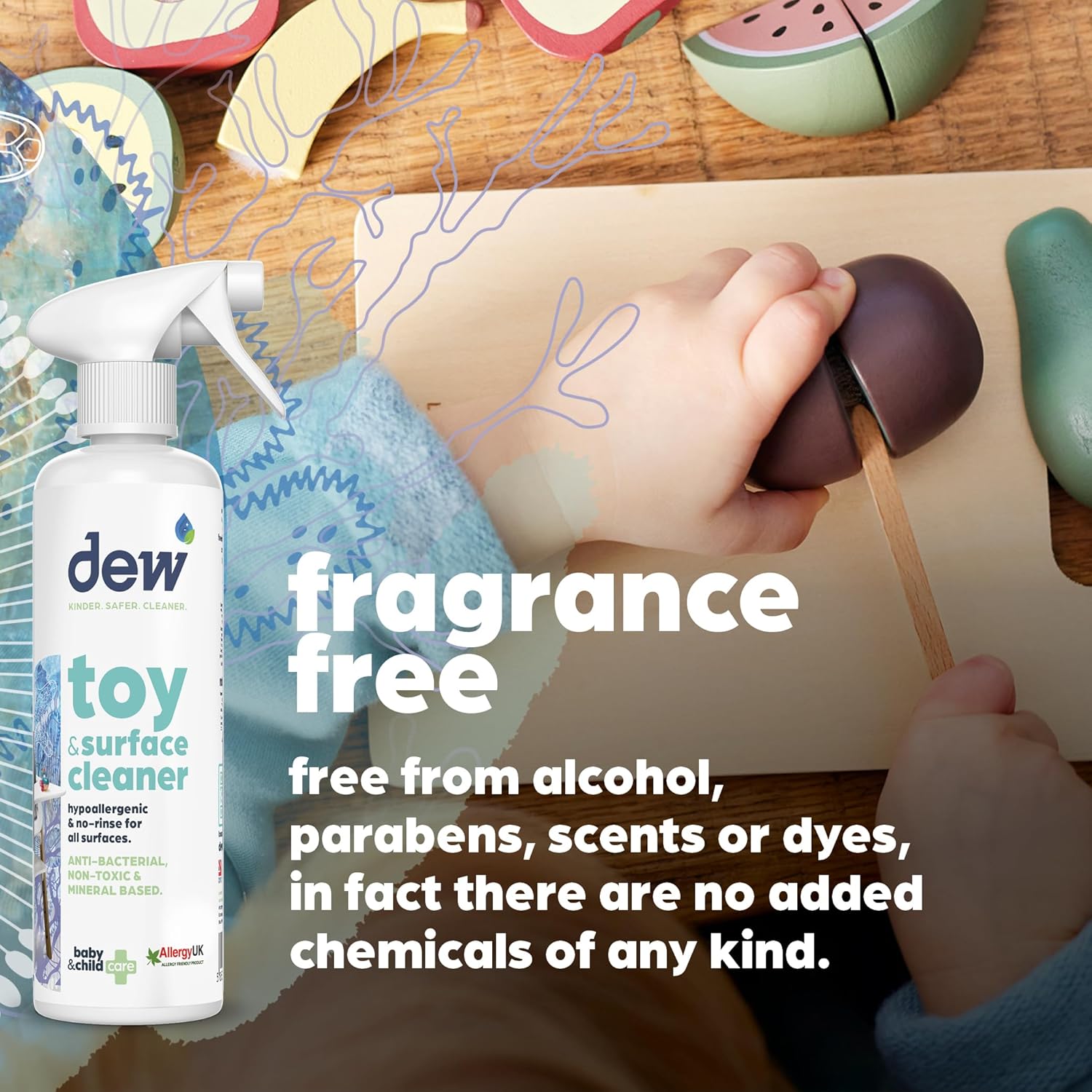 Safe antibacterial toy & surface spray with hypochlorous acid